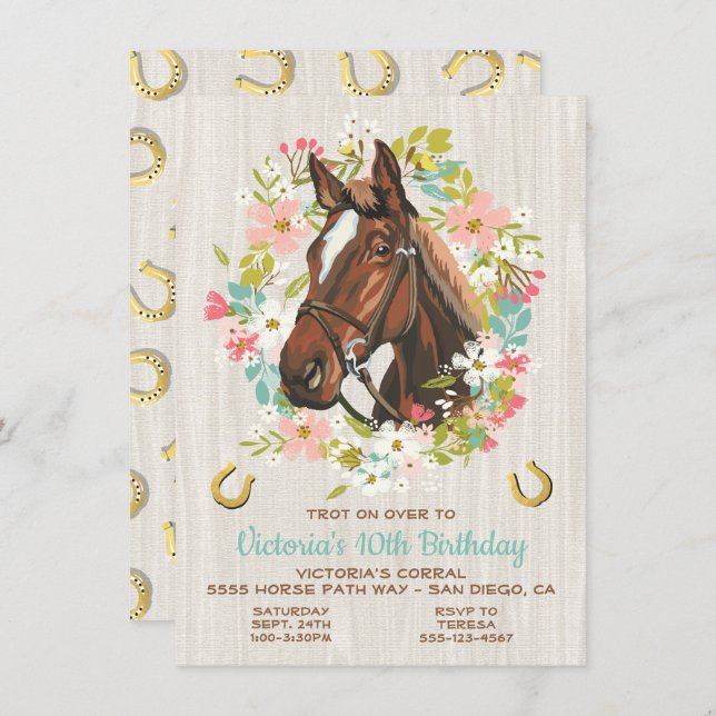 Golden horseshoe Wreath Horse Birthday Party Invitation (Front/Back)