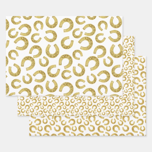 Golden Horseshoes Good Luck St. Patricks Day Wrapping Paper Sheets (Set)