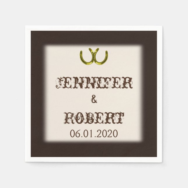 Golden Horseshoes on Brown Wedding Napkin (Front)