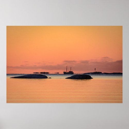 Golden Hour Before Sunrise Boat Against Orange Sky Poster