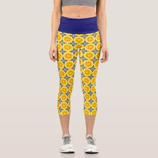 Golden hour by the sea: Golden Yellow & Navy Blue  Capri Leggings