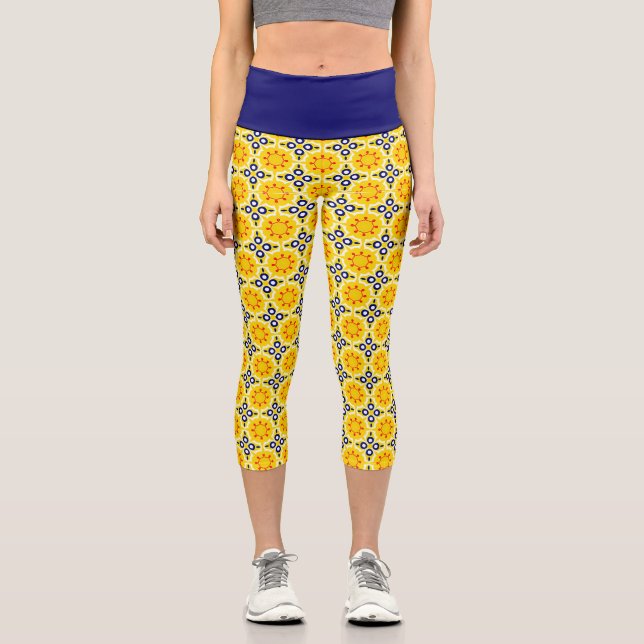 Golden hour by the sea: Golden Yellow & Navy Blue  Capri Leggings (Front)