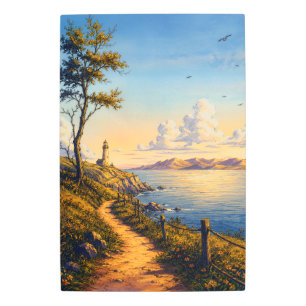 Golden Hour Coastal Lighthouse Metal Sign