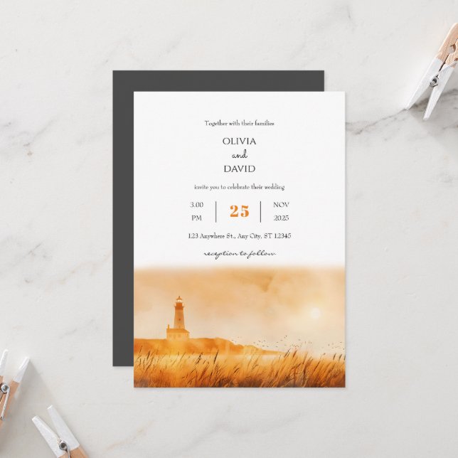 Golden Hour Coastal Lighthouse View Beach Wedding  Invitation (Front/Back In Situ)