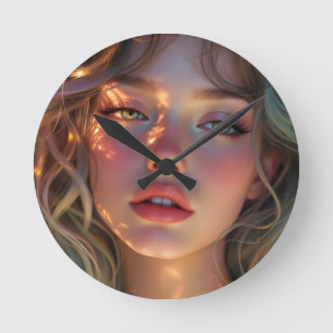 Golden Hour Dream – Radiant Angelic Portrait Round Clock