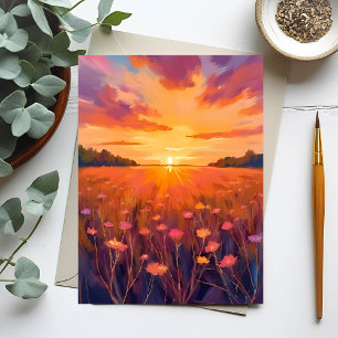 Golden Hour Flower Field Watercolor Sunset Postcard