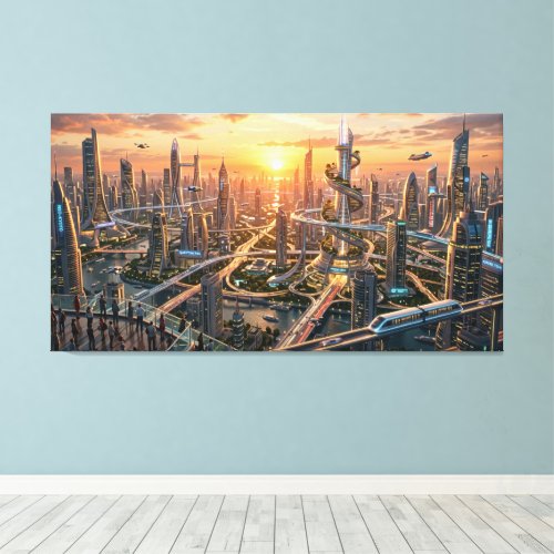 Golden Hour Futuristic Cityscape – Sci-Fi Canvas Print
