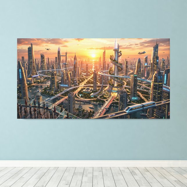 Golden Hour Futuristic Cityscape – Sci-Fi Canvas Print (Insitu(Wood Floor))