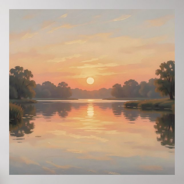 Golden Hour Lake Reflection Impressionist  Poster (Front)