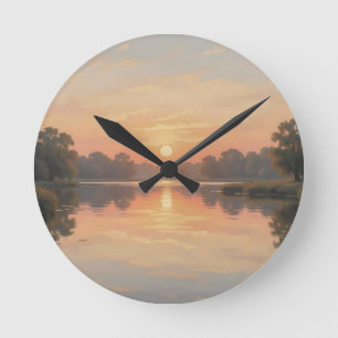 Golden Hour Lake Reflection Impressionist Round Clock