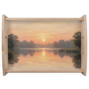 Golden Hour Lake Reflection Impressionist Serving Tray