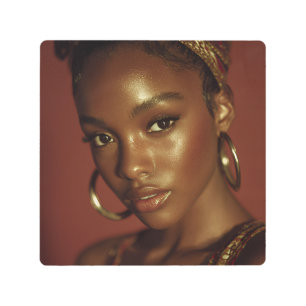 Golden Hour Melanin Beauty Headwrap Portrait Metal Print