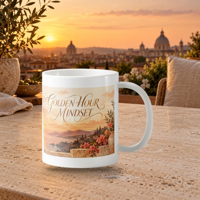 Golden Hour Mindset Script Mug (Golden Hour Mindset Script Mug — refined lighting and contact shadows. Digital lifestyle preview.)