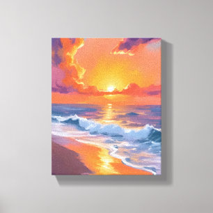 Golden Hour Orange Sunset Beach Ocean Painting Canvas Print