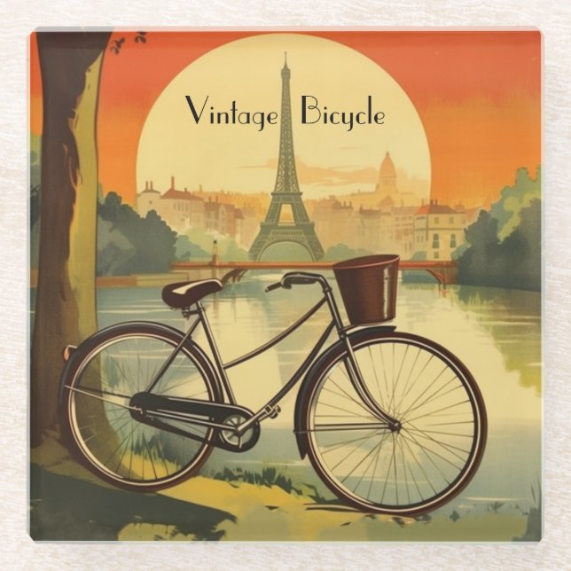 Golden Hour Parisian Cycle - Custom Glass Coaster (Front)
