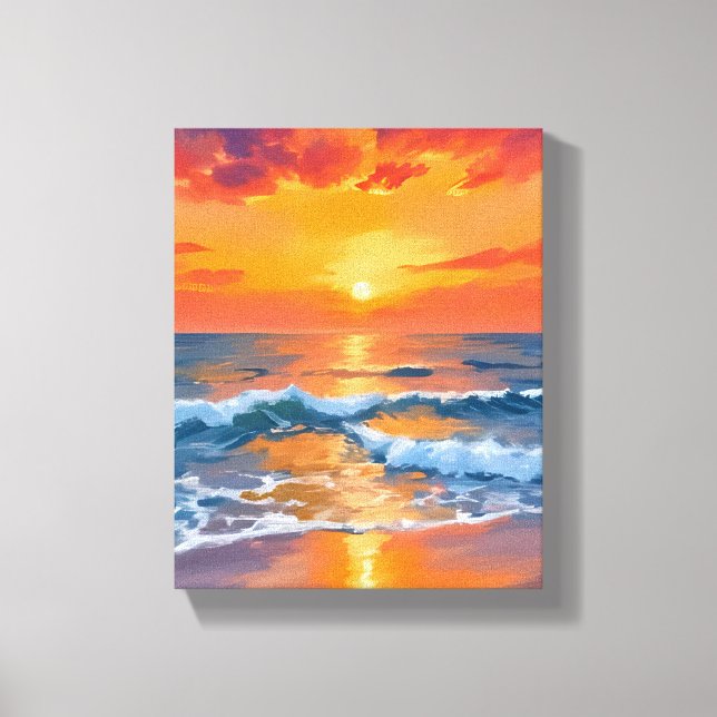 Golden Hour Sunset Ocean Beach Painting Canvas Print (Front)