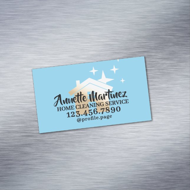 Golden house logo home cleaning business card magnet (In Situ)