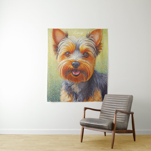 Golden Hued Yorkshire Terrier Radiant Dog Portrait Tapestry (In Situ)