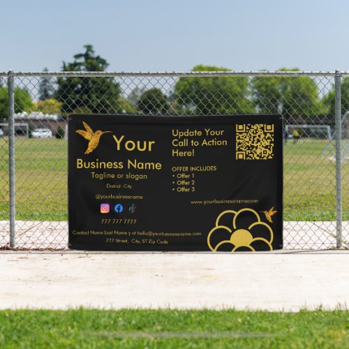 Golden Hummingbird Logo QR Code Black Business Banner