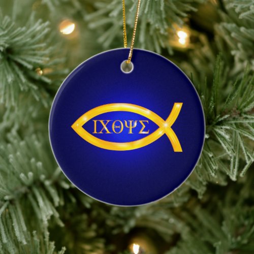 Golden Ichthys  Christian Fish Ceramic Ornament