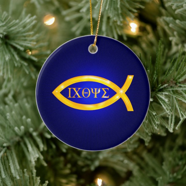 Golden Ichthys | Christian Fish Ceramic Ornament (Tree)