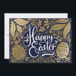 Golden Illustrated Easter Photo Card<br><div class="desc">Elegant golden Easter photo card. Happy Easter script framed with leaves,  flowers and eggs in pretty faux gold foil on navy blue background. Back of card features single photo template and text line for name and year with coordinating blue color background.</div>