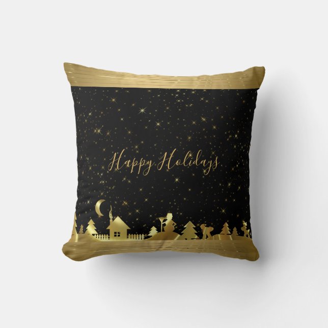 Golden Illustration of the Village Throw Pillow (Front)