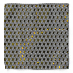 Golden image beneath gray plates, oblong squares bandana