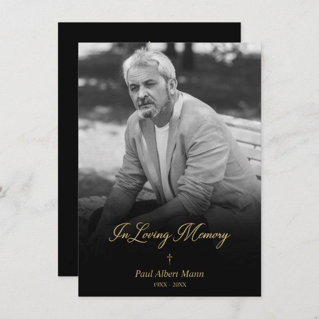 Golden In Loving Memory BW Photo Funeral Service Note Card (Front/Back)