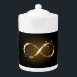 Golden Infinity Symbol Teapot<br><div class="desc">Gold, jewelry infinity symbol with gold stars on a black background. Design with gold star.</div>
