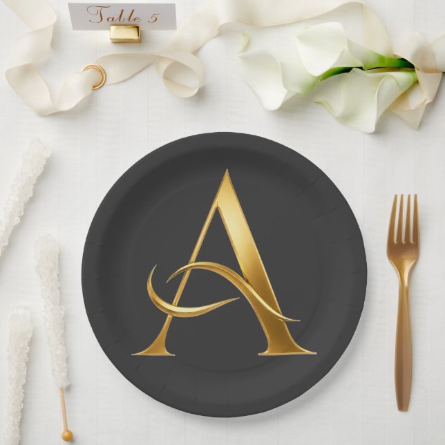 Golden Initial A Minimalist Design Paper Plates (Wedding)