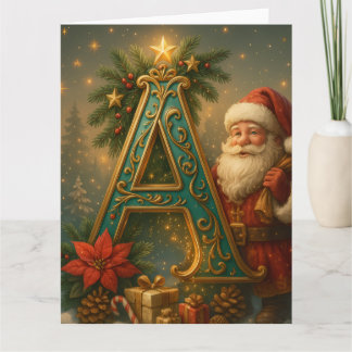 Golden Initial A with Santa Claus and Crown Card