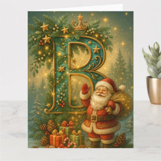 Golden Initial B with Santa Claus and Crown Card