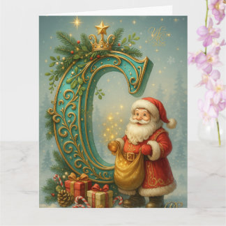 Golden Initial C with Santa Claus and Crown Card