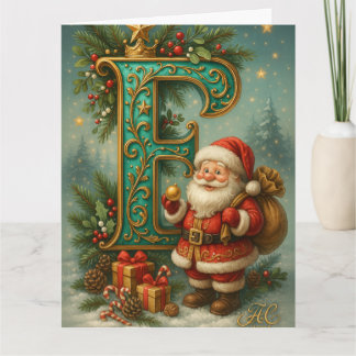 Golden Initial E with Santa Claus and Crown Card