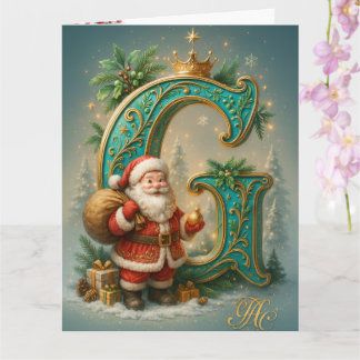 Golden Initial G with Santa Claus and Crown Card