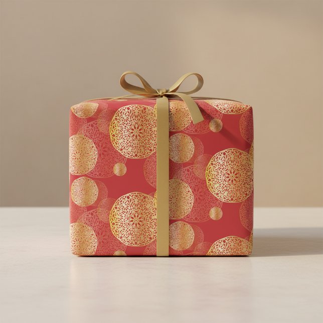 Golden Intricate Oriental Filigree Mandala on Red Wrapping Paper (Creator Uploaded)