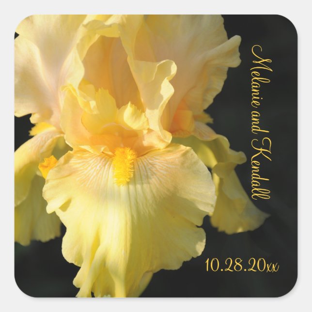 Golden Iris Personalized Square Wedding Stickers (Front)