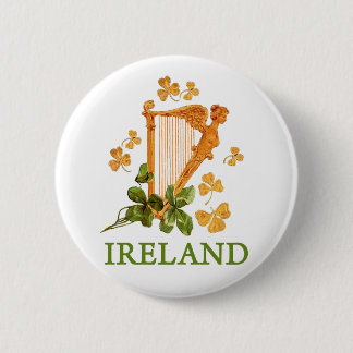 Golden Irish Harp with Golden and Green Shamrocks Button