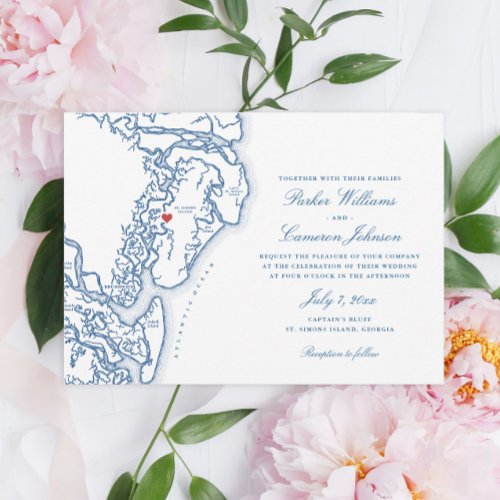 Golden Isles Georgia Map Elegant Navy Blue Wedding Invitation