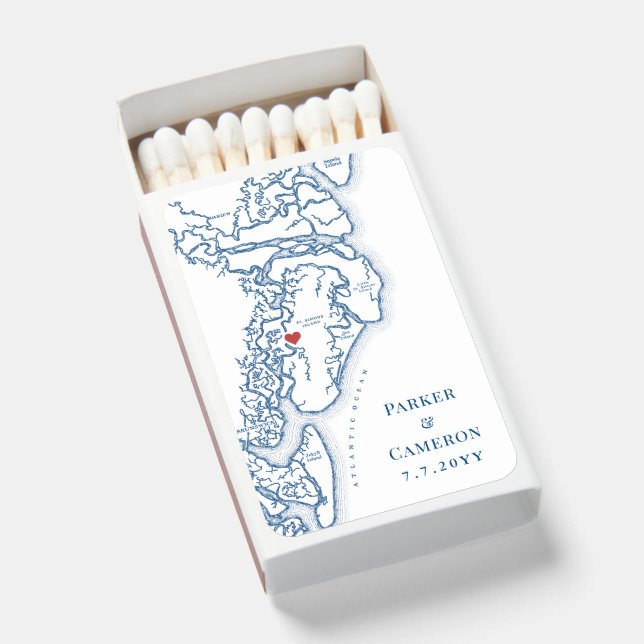 Golden Isles of Georgia Map Elegant Navy Wedding Matchboxes (Front Open)
