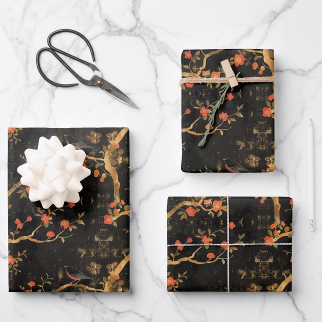 Golden Japanese-inspired Blossom Wrapping Paper Sheets (Front)