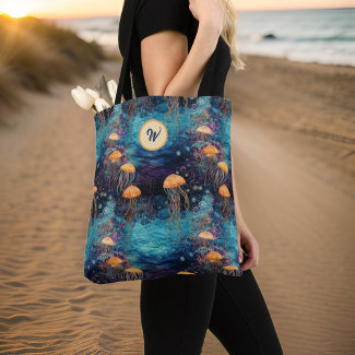 Golden Jellyfish in Teal Ocean w Monogram Initial