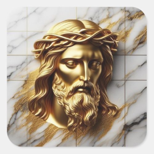 Golden Jesus A Divine Presence in Marble Square Sticker
