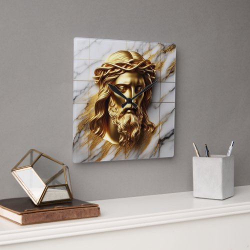 Golden Jesus A Divine Presence in Marble Square Wall Clock