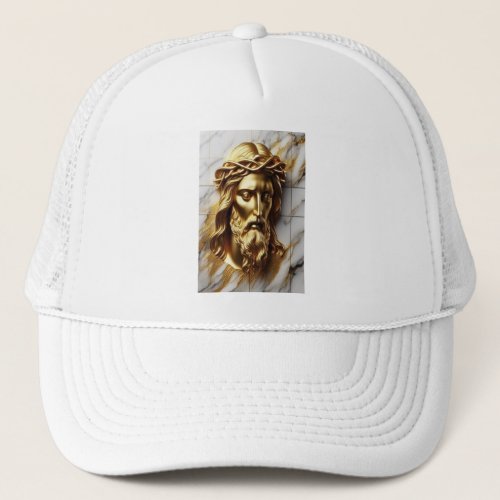 Golden Jesus A Divine Presence in Marble Trucker Hat