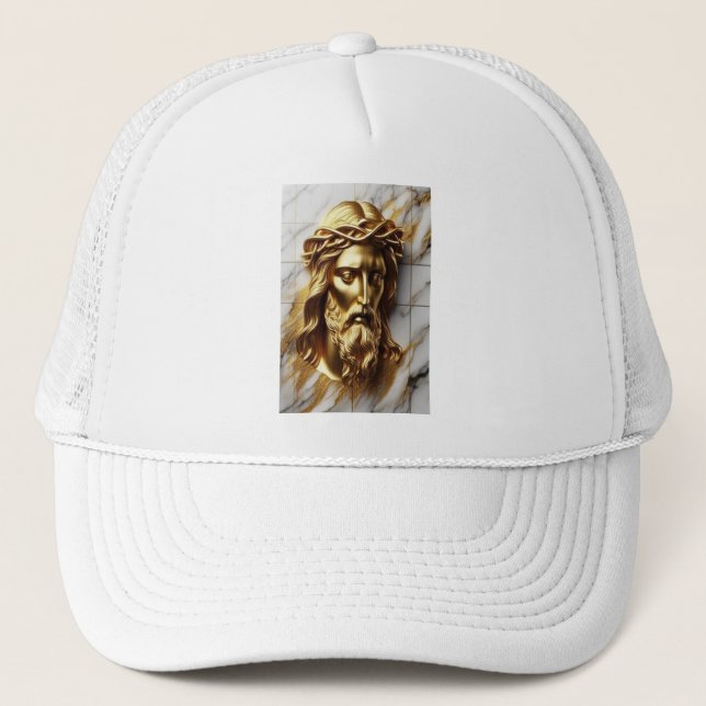 Golden Jesus A Divine Presence in Marble Trucker Hat (Front)