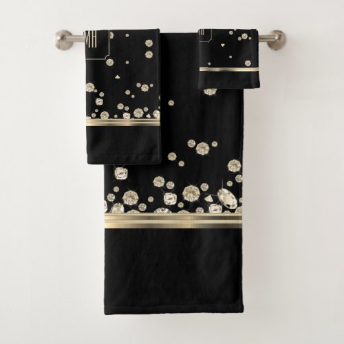 Golden Jewel Diamonds on Black with Monogram Bath Towel Set