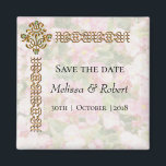 Golden Jeweled Floral Wedding Save the Date Magnet<br><div class="desc">A decorative and elegant save the date magnet, featuring a soft floral pattern in pastel hues in the background, with an ornamental golden frame on the top left side, with a gold and emerald jewel. This pretty wedding memento is part of a larger set of wedding stationery and matching favors,...</div>