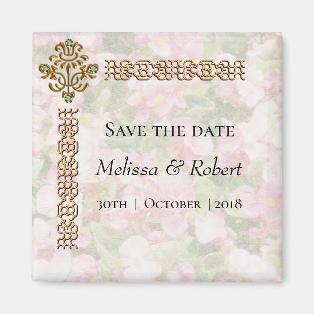Golden Jeweled Floral Wedding Save the Date Magnet (Front)